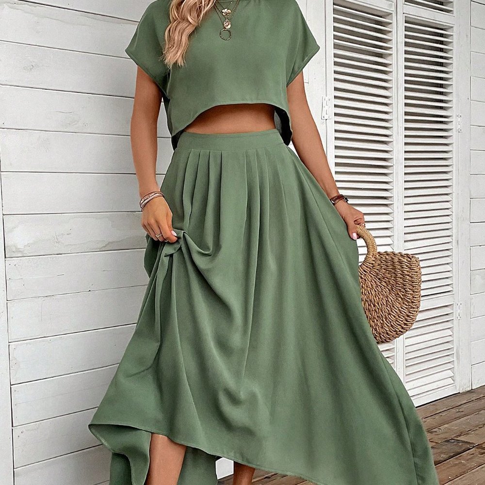 Green Boho Womens Women's Solid Color Loose Casual Two-Piece Set - Picture 2 of 6